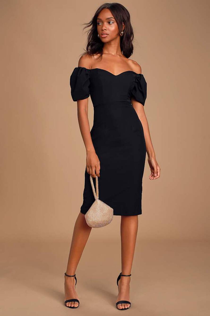 NWT LULUS BLACK PUFF SLEEVE BODYCON MIDI DRESS SIZE M